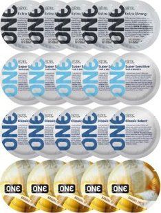 Набір з 20 шт ONE Extra strong + 𝐎𝐍𝐄 𝐒𝐮𝐩𝐞𝐫 𝐒𝐞𝐧𝐬𝐢𝐭𝐢𝐯𝐞 + ONE Classic Select + ONE Banana Split SOS8188 фото