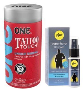 Набір з ONE Tattoo Touch Pack 12 шт + Пролонгатор pjur Superhero Ultimate Spray 20 мл SOS9442 фото