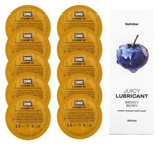 Комплект 𝐎𝐍𝐄 𝐋𝐞𝐠𝐞𝐧𝐝 𝐗𝐋 10 шт. + Лубрикант Satisfyer Juicy Lubricant Breezy Berry (300 мл) SOS12284 фото