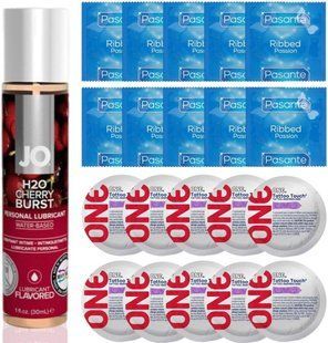Набір 20 шт Pasante Ribbed та ONE Tattoo Touch + System JO H2O &mdash; Cherry Burst (30 мл) SOS4903 фото