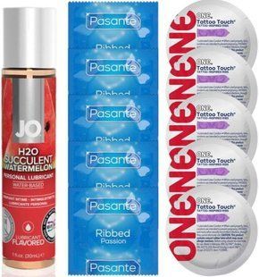 Набір 10 шт Pasante Ribbed та ONE Tattoo Touch + System JO H2O &mdash; Watermelon (30 мл) SOS4920 фото