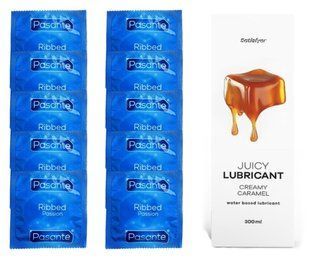 Набор Pasante Ribbed 10 шт. + Лубрикант Satisfyer Juicy Lubricant Creamy Caramel (300 мл) SOS12100 фото