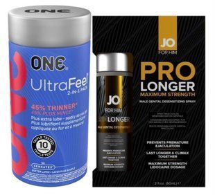 Набір з ONE UltraFeel 2-in-1 Pack 10 шт + Пролонгатор JO Prolonger Spray with Lidocaine (60 мл) SOS9246 фото