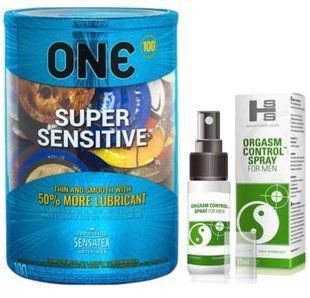 Набір з ONE Super Sensitive 100 шт + Пролонгатор SEXUAL HEALTH SERIES ORGASM CONTROL SPRAY, 15 МЛ SOS9486 фото
