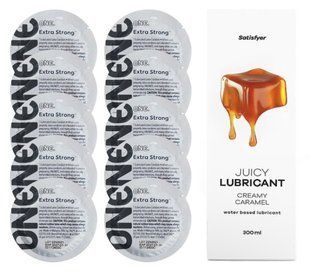 Комплект ONE Extra strong 10 шт. + Лубрикант Satisfyer Juicy Lubricant Creamy Caramel (300 мл) SOS12249 фото