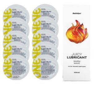 Комплект 𝐎𝐍𝐄 𝐒𝐮𝐩𝐞𝐫 𝐒𝐭𝐮𝐝𝐬 10 шт. + Лубрикант Satisfyer Juicy Lubricant Warm Wave (300 мл) SOS12349 фото