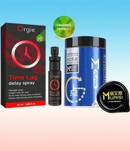 Пролонгатор для чоловіків Time Lag, 25 мл. ORGIE + Muaisi 0.02 мм Blue &ndash; 12 шт (банка) SOS6686 фото