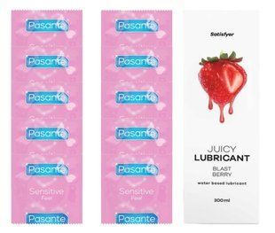 Комплект: Pasante extra sensitive 10 шт. + Лубрикант Satisfyer Juicy Lubricant Blast Berry water based 300 мл SOS11514 фото