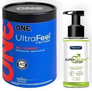 Набір з ONE UltraFeel 2-in-1 Pack 40 шт + Пролонгатор Medica‑Group Super Orgasm Stop Gel 150 мл SOS9076 фото