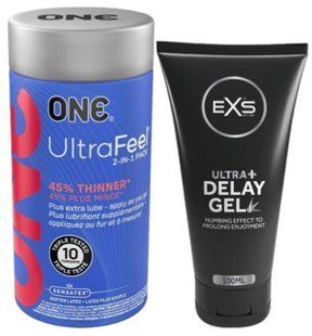 Набір з ONE UltraFeel 2-in-1 Pack 10 шт + Пролонгатор EXS Delay Gel Ultra+ 100ml SOS9244 фото