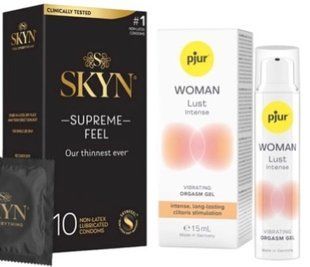 Набір з Skyn Supreme Feel 10 шт + Рідкий вібратор pjur Woman Lust Intense (15 мл) SOS10293 фото