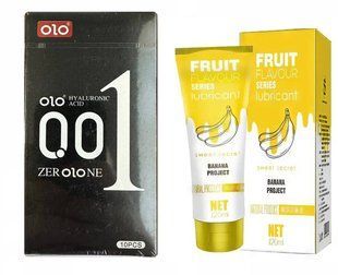 Набір : Лубрикант OLO SWEET SECRET з ароматом банана 120ml та OLO ультратонкі з гіалуроновою змазкою 10 шт OL41 фото