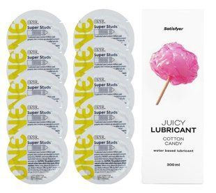 Комплект 𝐎𝐍𝐄 𝐒𝐮𝐩𝐞𝐫 𝐒𝐭𝐮𝐝𝐬 10 шт. + Лубрикант Satisfyer Juicy Lubricant Cotton Candy (300 мл) SOS12361 фото