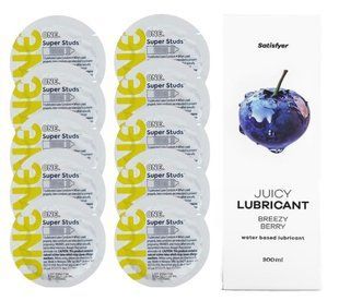 Комплект 𝐎𝐍𝐄 𝐒𝐮𝐩𝐞𝐫 𝐒𝐭𝐮𝐝𝐬 10 шт. + Лубрикант Satisfyer Juicy Lubricant Breezy Berry (300 мл) SOS12360 фото