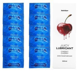 Комплект Pasante Ribbed 10 шт. + Лубрикант Satisfyer Juicy Lubricant Cheeky Cherry (300 мл) SOS12109 фото