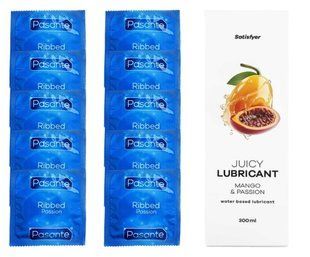 Комплект Pasante Ribbed 10 шт. + Лубрикант Satisfyer Juicy Lubricant Mango & Passion (300 мл) SOS12107 фото