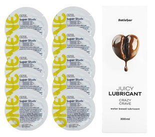 Комплект 𝐎𝐍𝐄 𝐒𝐮𝐩𝐞𝐫 𝐒𝐭𝐮𝐝𝐬 10 шт. + Лубрикант Satisfyer Juicy Lubricant Crazy Crave (300 мл) SOS12357 фото