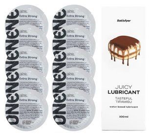 Комплект ONE Extra strong 10 шт. + Лубрикант Satisfyer Juicy Lubricant Tasteful Tiramisu (300 мл) SOS12256 фото