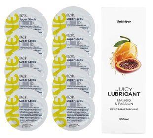 Комплект 𝐎𝐍𝐄 𝐒𝐮𝐩𝐞𝐫 𝐒𝐭𝐮𝐝𝐬 10 шт. + Лубрикант Satisfyer Juicy Lubricant Mango & Passion (300 мл) SOS12354 фото