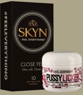 Набір SKYN Close Feel пачка 10 штук + Смачний гель для куні Doc Johnson Pussy Licker Strawberry (56 г) SOS5021 фото