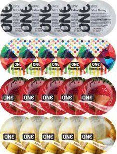 Набір з 20 шт ONE Extra strong + One Extreme ribs + ONE Chocolate Strawberry + ONE Banana Split SOS8196 фото