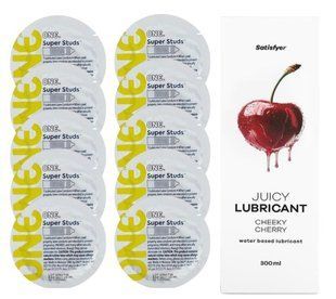 Комплект 𝐎𝐍𝐄 𝐒𝐮𝐩𝐞𝐫 𝐒𝐭𝐮𝐝𝐬 10 шт. + Лубрикант Satisfyer Juicy Lubricant Cheeky Cherry (300 мл) SOS12352 фото