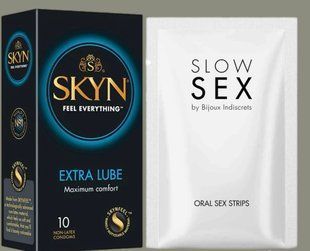 Набор Skyn ​​Extra Lube 10 штук + Полоски Bijoux Indiscrets Slow Sex Oral sex strips SOS5263 фото