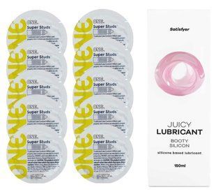 Комплект 𝐎𝐍𝐄 𝐒𝐮𝐩𝐞𝐫 𝐒𝐭𝐮𝐝𝐬 10 шт. + Лубрикант Satisfyer Juicy Lubricant Booty Silicon (150 мл) SOS12345 фото