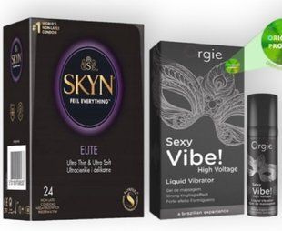 SKYN Elite, 24 шт + SEXY VIBE найвищий рівень вібраціі, 15 мл ORGIE SOS7013 фото